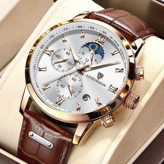 LIGE Casual Leather Sport Quartz Watch