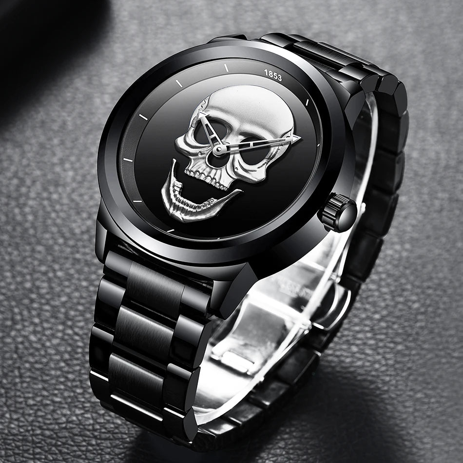 LIGE Stainless Steel Skull Quartz Watch