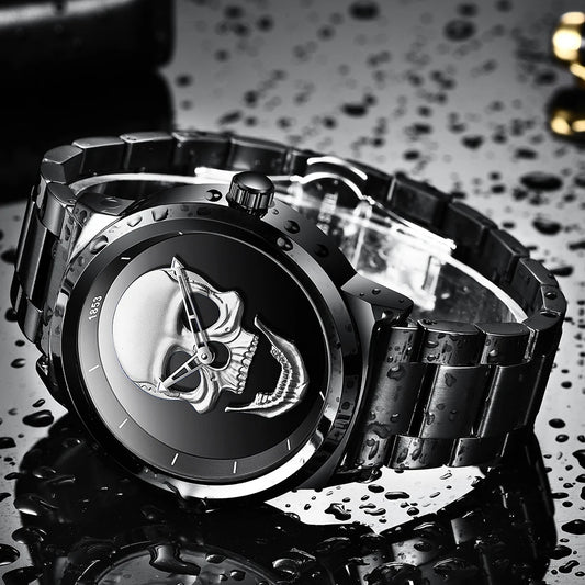 LIGE Stainless Steel Skull Quartz Watch